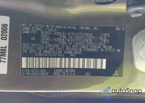 2012 Toyota Sequoia Sr5 5.7L V8 from USA, damaged, VIN 5TDBY5G11CS071643